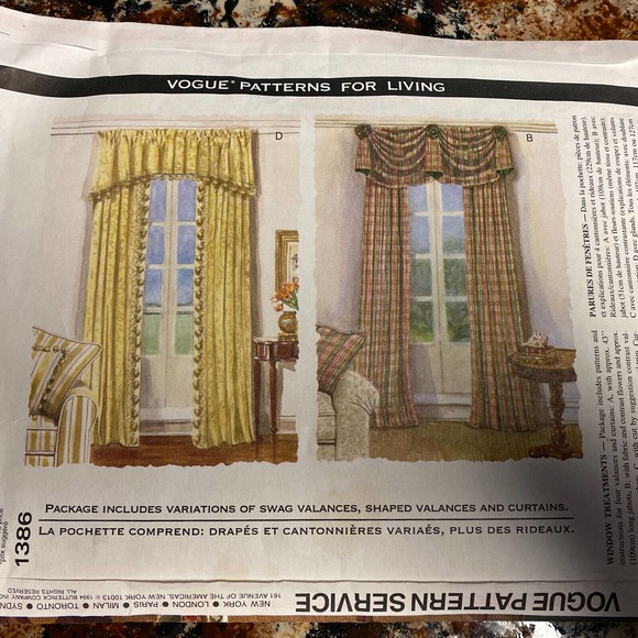UNCUT Vogue 1386 Waverly Window Treatments Pattern Collection 4 Styles - Picture 5 of 9